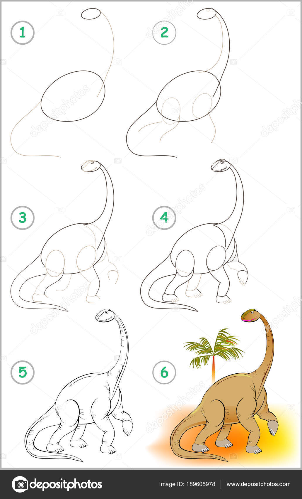 Página Mostra Como Aprender Passo Passo Para Desenhar Dinossauro Bonito  imagem vetorial de Nataljacernecka© 189605978